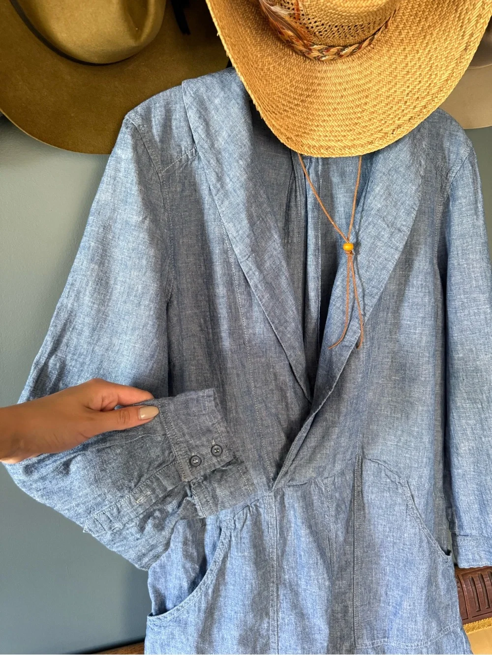 Free people Done up in denim chambray linen blend dress L